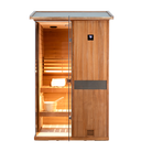 Samsora 702VT steam sauna right side view - African mahogany lateral panel displaying two-person unit depth, structural design and installation dimensions