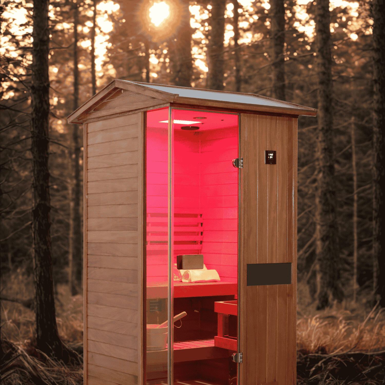 Samsora 702VT V-shaped roof display - distinctive peaked roofline design featuring African mahogany construction with weather-resistant architecture and elegant aesthetic for 2-person outdoor steam sauna