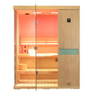Samsora 703SH indoor steam sauna front presentation - spacious hemlock construction with wide glass access, modern fixtures and symmetrical composition