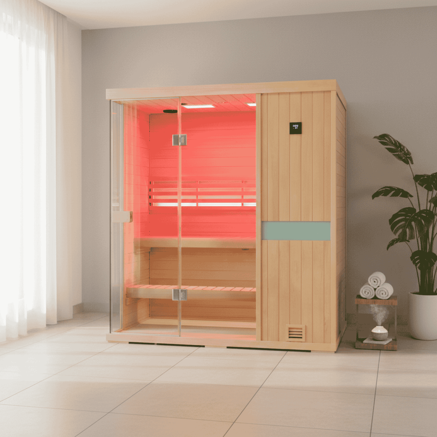 Samsora 703SH indoor steam sauna interior scene - premium spacious cabin with natural wood finish and elegant design