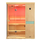 Samsora 703SH sauna quarter angle display - offset frontal view highlighting hemlock wood finish, transparent entrance and hardware positioning