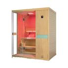 Samsora 703SH steam sauna corner perspective - diagonal angle revealing hemlock front and side panels, dimensional scale and design integration