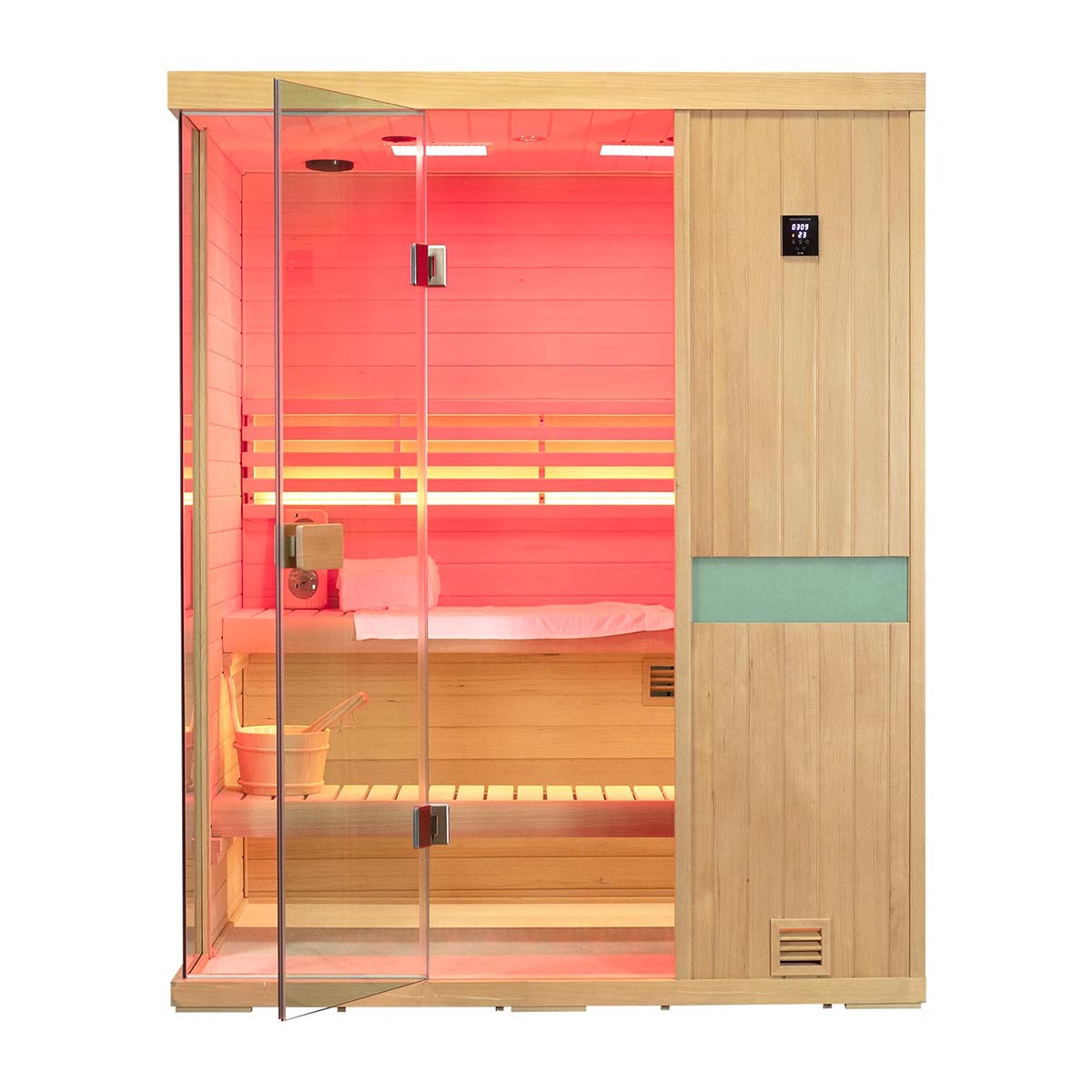 Samsora 703SH steam sauna frontal showcase - hemlock three-capacity model featuring transparent full-height entrance and minimalist hardware design