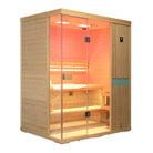Samsora 703SH steam sauna right side view - hemlock side panel revealing unit depth, wood grain texture and lateral structural design