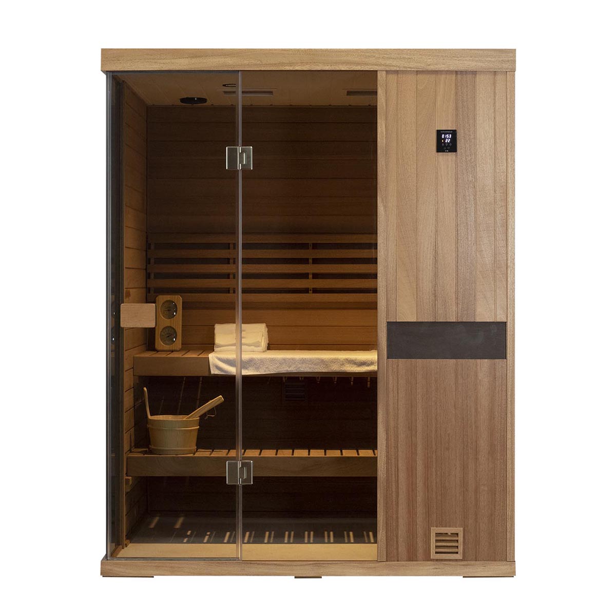 Samsora 703ST 3-person steam sauna front view - spacious mahogany model with wide glass door entry and elegant bronze hardware