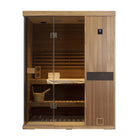 Samsora 703ST 3-person steam sauna front view - spacious mahogany model with wide glass door entry and elegant bronze hardware