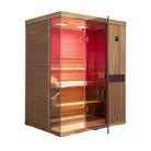 Samsora 703ST home steam sauna right side display - side elevation showcasing mahogany grain pattern, structural framework and compact integration