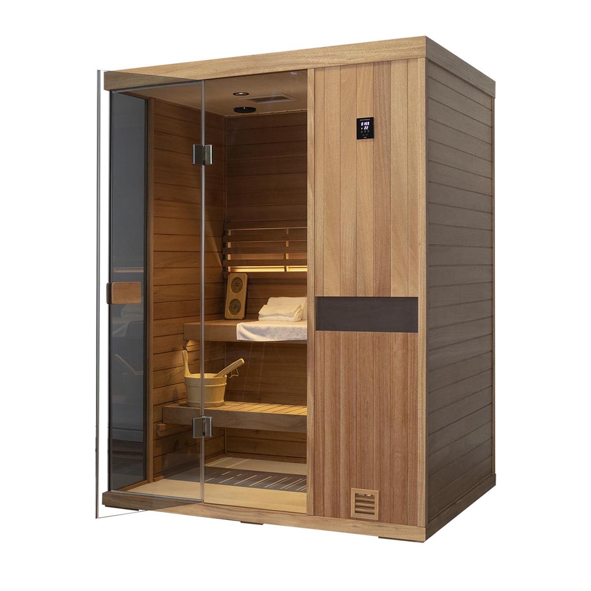 Samsora 703ST indoor sauna left side perspective - opposite angle view highlighting mahogany panel alignment, corner joinery and spatial footprint