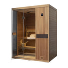 Samsora 703ST indoor sauna left side perspective - opposite angle view highlighting mahogany panel alignment, corner joinery and spatial footprint