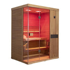 Samsora 703ST indoor steam sauna front presentation - three-capacity mahogany unit showcasing full-length glass entrance and sophisticated finish
