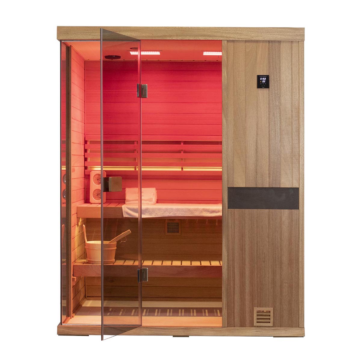 Samsora 703ST three-person sauna side profile - lateral mahogany panel view displaying unit length, ventilation design 