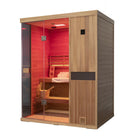Samsora 703ST traditional steam sauna frontal display - premium mahogany construction featuring expansive transparent door and refined metallic details