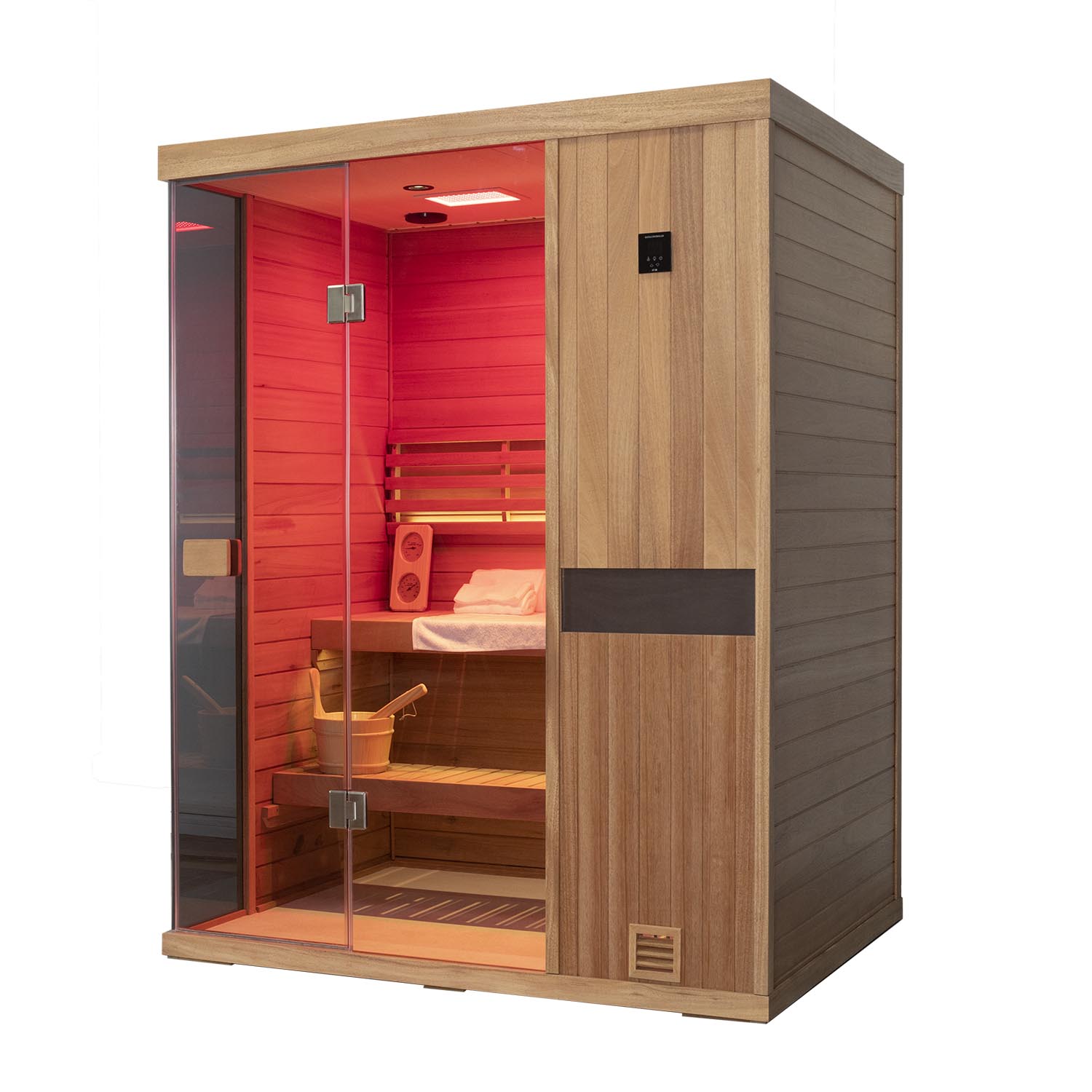 Samsora 703ST traditional steam sauna frontal display - premium mahogany construction featuring expansive transparent door and refined metallic details