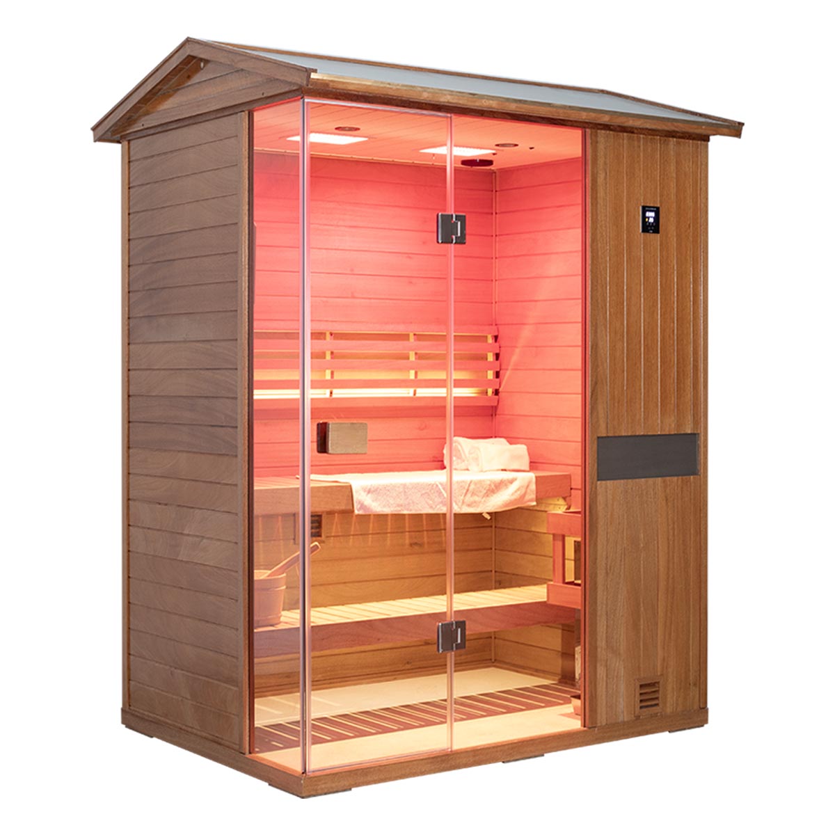 Samsora 703VT front view showcase - outdoor-ready hemlock sauna with wide glass access, protective finish and contemporary styling