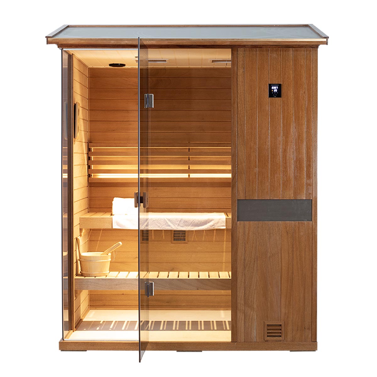 Samsora 703VT outdoor sauna front display - weather-resistant fir wood construction with full glass door, outdoor-grade hardware and natural finish