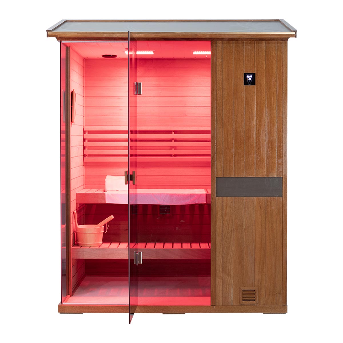 Samsora 703VT outdoor sauna quarter perspective - diagonal angle highlighting fir wood grain, transparent entrance and weather-resistant assembly