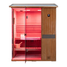 Samsora 703VT outdoor sauna quarter perspective - diagonal angle highlighting fir wood grain, transparent entrance and weather-resistant assembly
