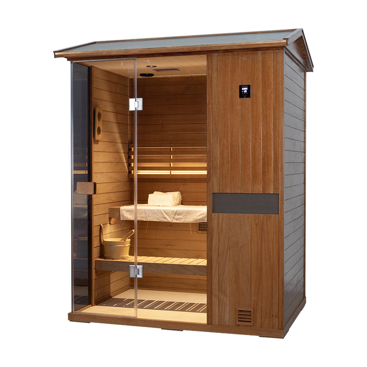 Samsora 703VT outdoor sauna side profile - lateral view displaying hemlock panel construction, weather sealing and exterior installation dimensions