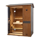 Samsora 703VT outdoor sauna side profile - lateral view displaying hemlock panel construction, weather sealing and exterior installation dimensions