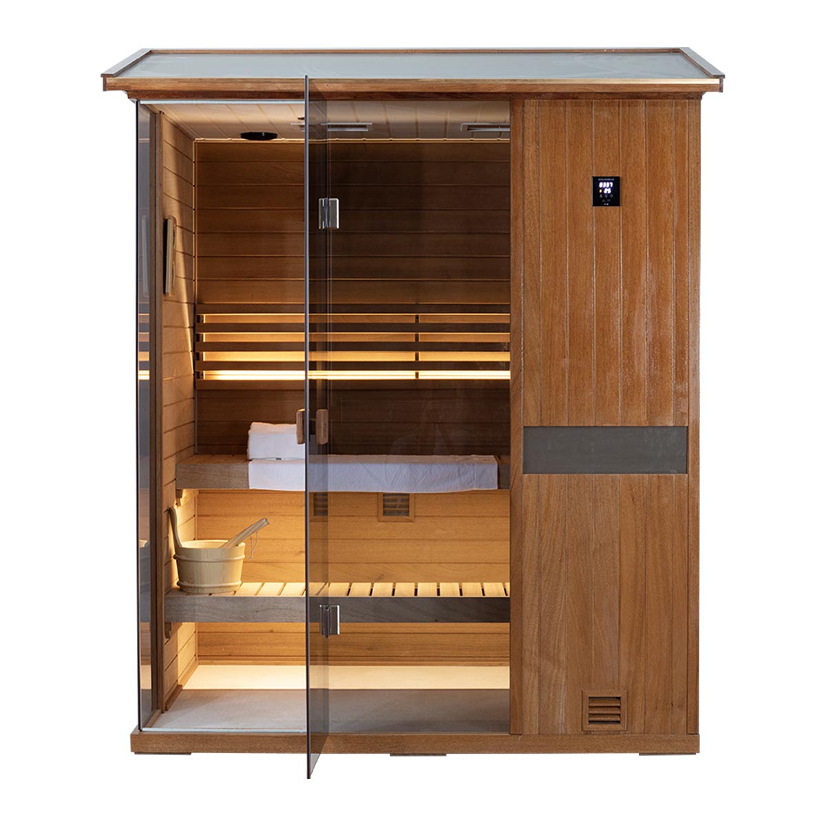 Samsora 703VT outdoor sauna steam unit angle - side-front perspective showcasing fir construction quality, door positioning and exterior design