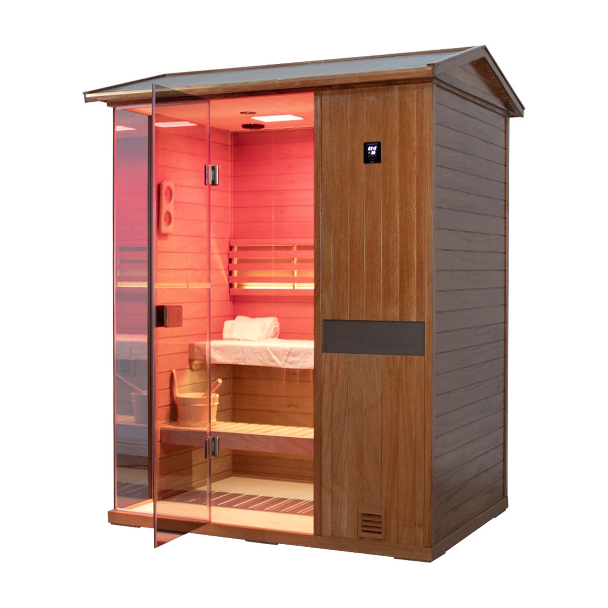 Samsora 703VT outdoor steam sauna angled view - fir wood three-person model with corner perspective showing front glass door and side panel construction