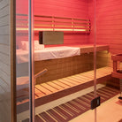 Samsora 703VT steam sauna craftsmanship detail - intricate wood panel alignment, seamless edges and professional finishing techniques