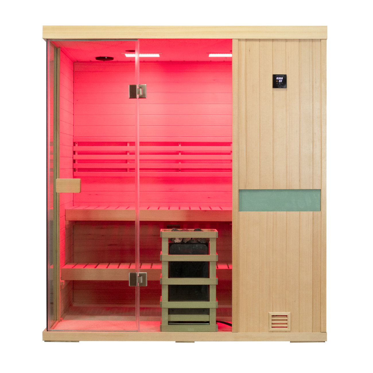 Samsora 704SH 4-person sauna front display - spacious hemlock model with 660nm wavelength therapy and negative ion technology for deep tissue healing