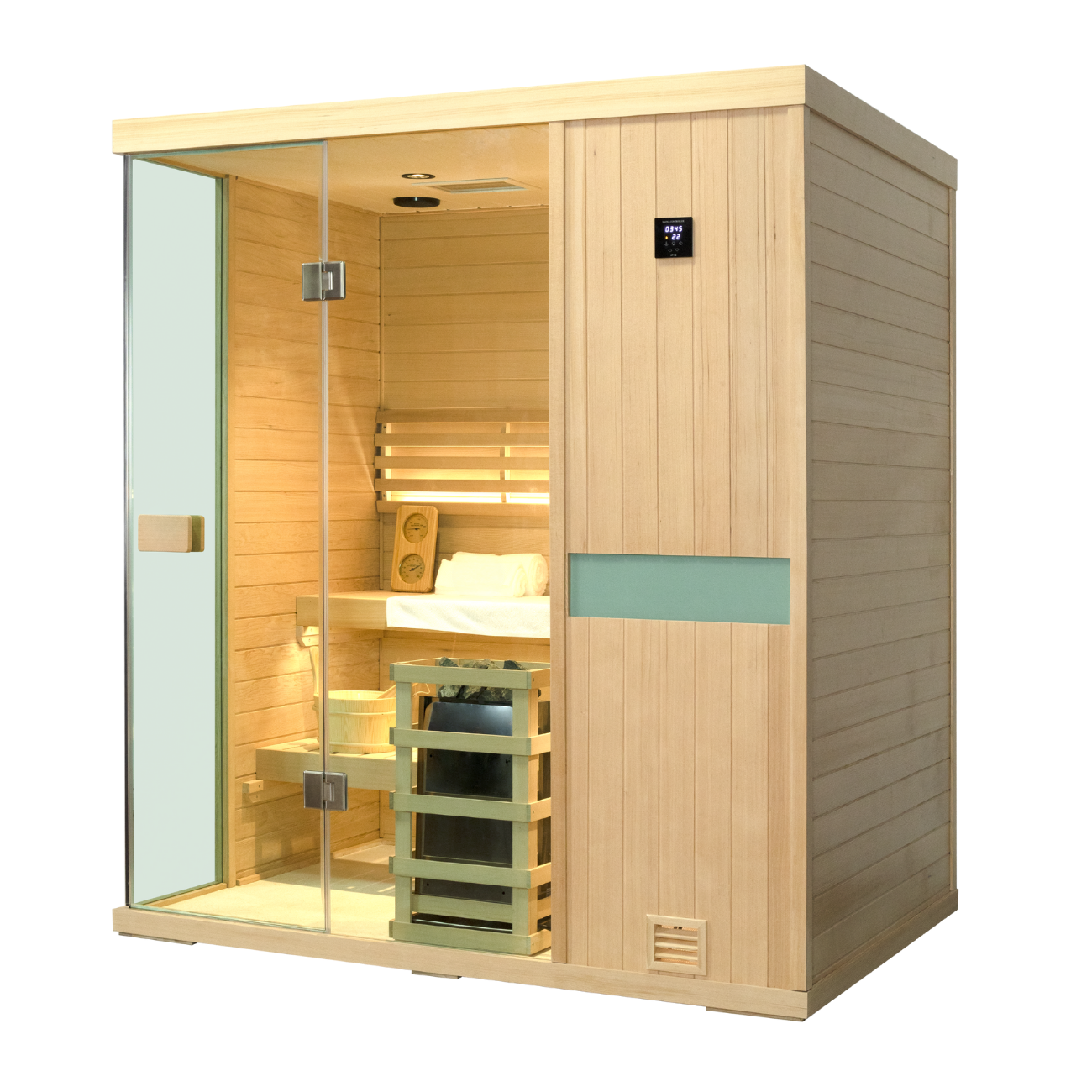  Samsora 704SH steam sauna right side view - Canadian hemlock lateral panel displaying four-person unit depth, natural wood grain texture and installation footprint specifications