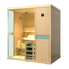  Samsora 704SH steam sauna right side view - Canadian hemlock lateral panel displaying four-person unit depth, natural wood grain texture and installation footprint specifications