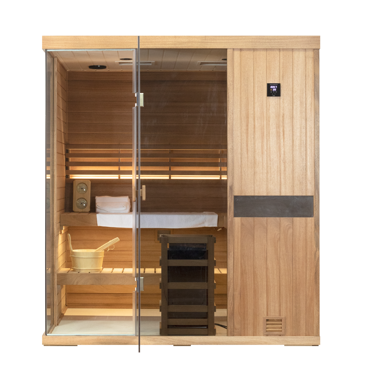 Samsora 704ST 4-person sauna front display - spacious mahogany model with negative ion air purification and therapeutic red light ambiance for stress reduction