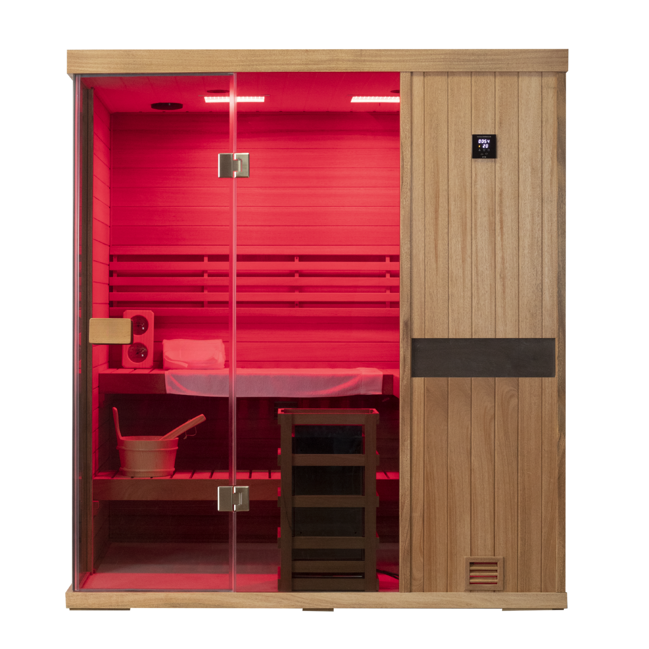 Samsora 704ST indoor sauna frontal presentation - premium mahogany construction featuring 660nm red light therapy for collagen production and deep tissue healing