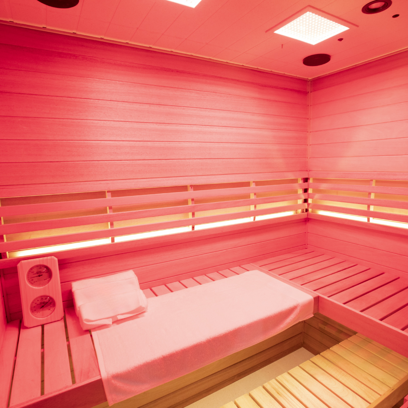 Samsora 704ST interior therapy features - premium mahogany interior with collagen-boosting red light ambiance, ergonomic seating layout and ionized air technology for stress reduction