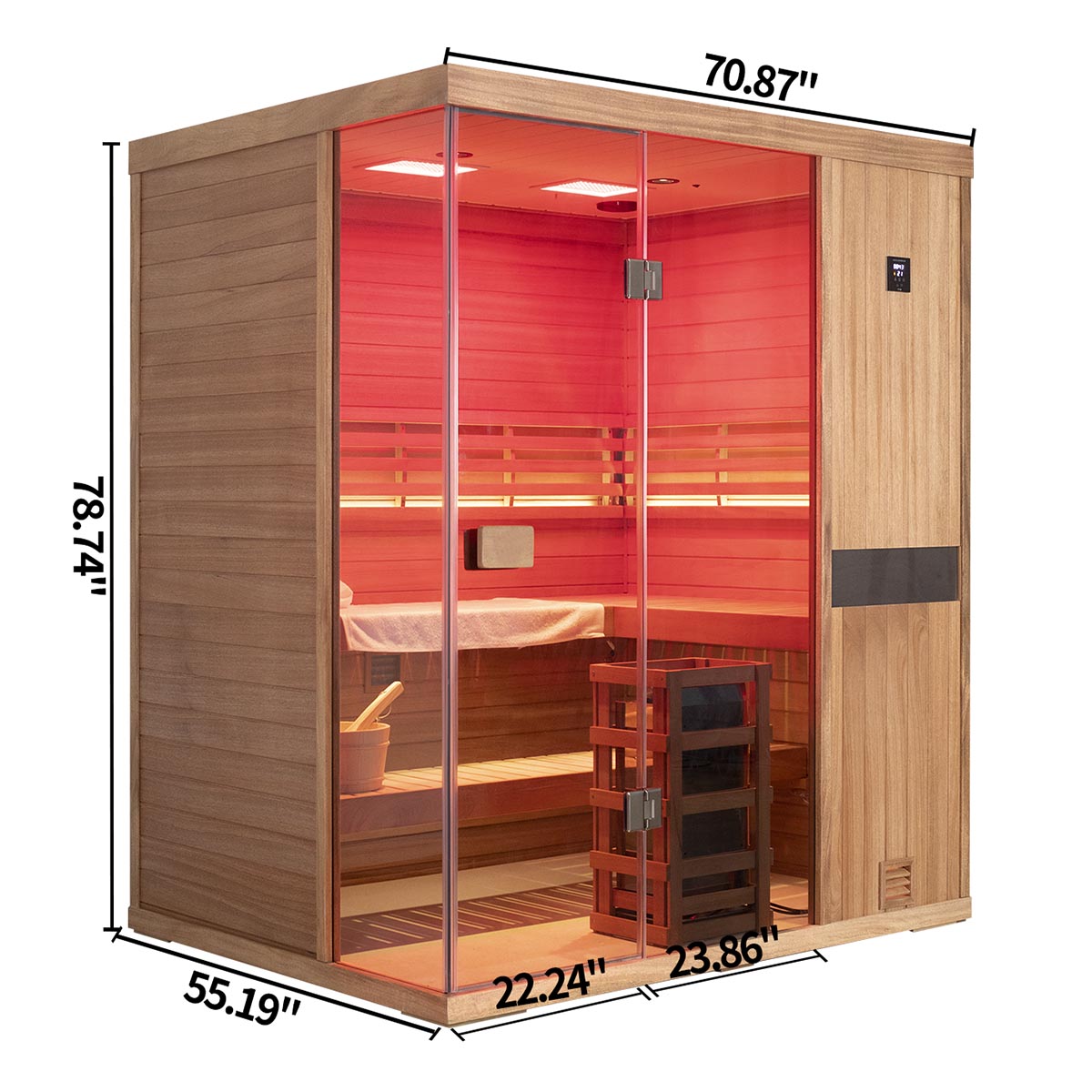 Samsora 704ST steam sauna right side view - African mahogany lateral panel displaying unit depth, wood grain texture and compact installation profile External_dimensions