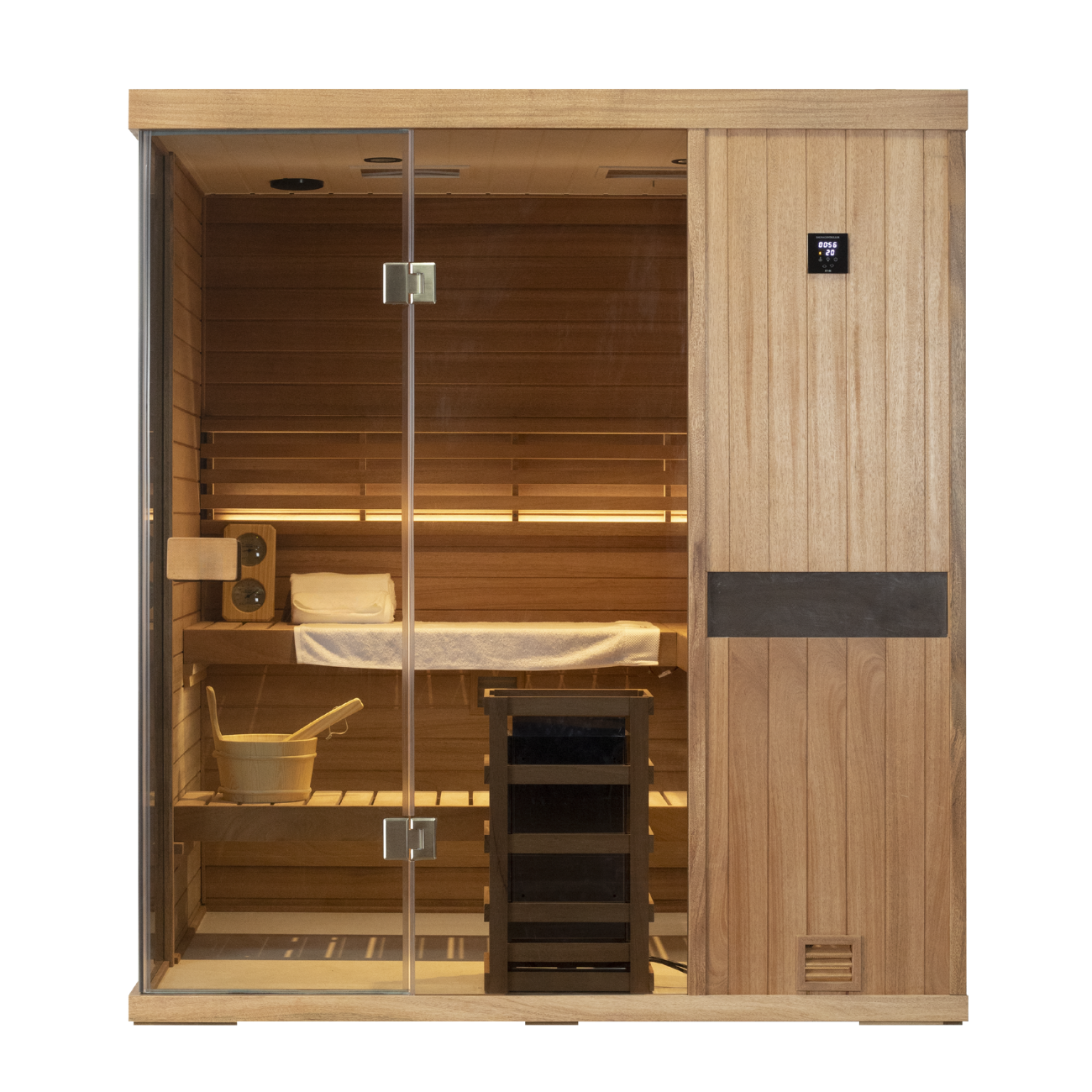 Samsora 704ST steam sauna front view - African mahogany 4-person indoor model with expansive glass door and luxurious wood finish for ultimate family wellness