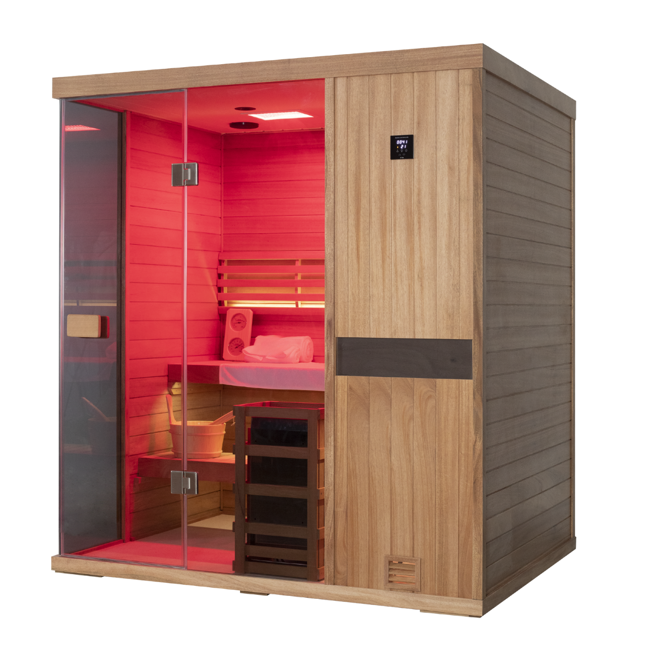 Samsora 704ST steam sauna left side view - African mahogany lateral panel displaying 4-person unit depth, structural framework and installation footprint specifications