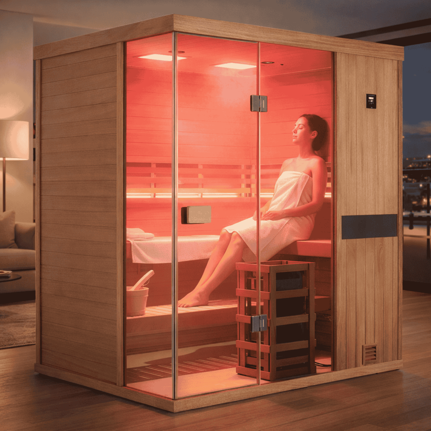 Samsora 704ST steam sauna with person enjoying wellness session - premium relaxation and therapeutic steam experience