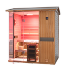Samsora 704VT 4-person outdoor sauna front - spacious mahogany model with negative ion air purification and therapeutic red light ambiance for garden wellness retreat