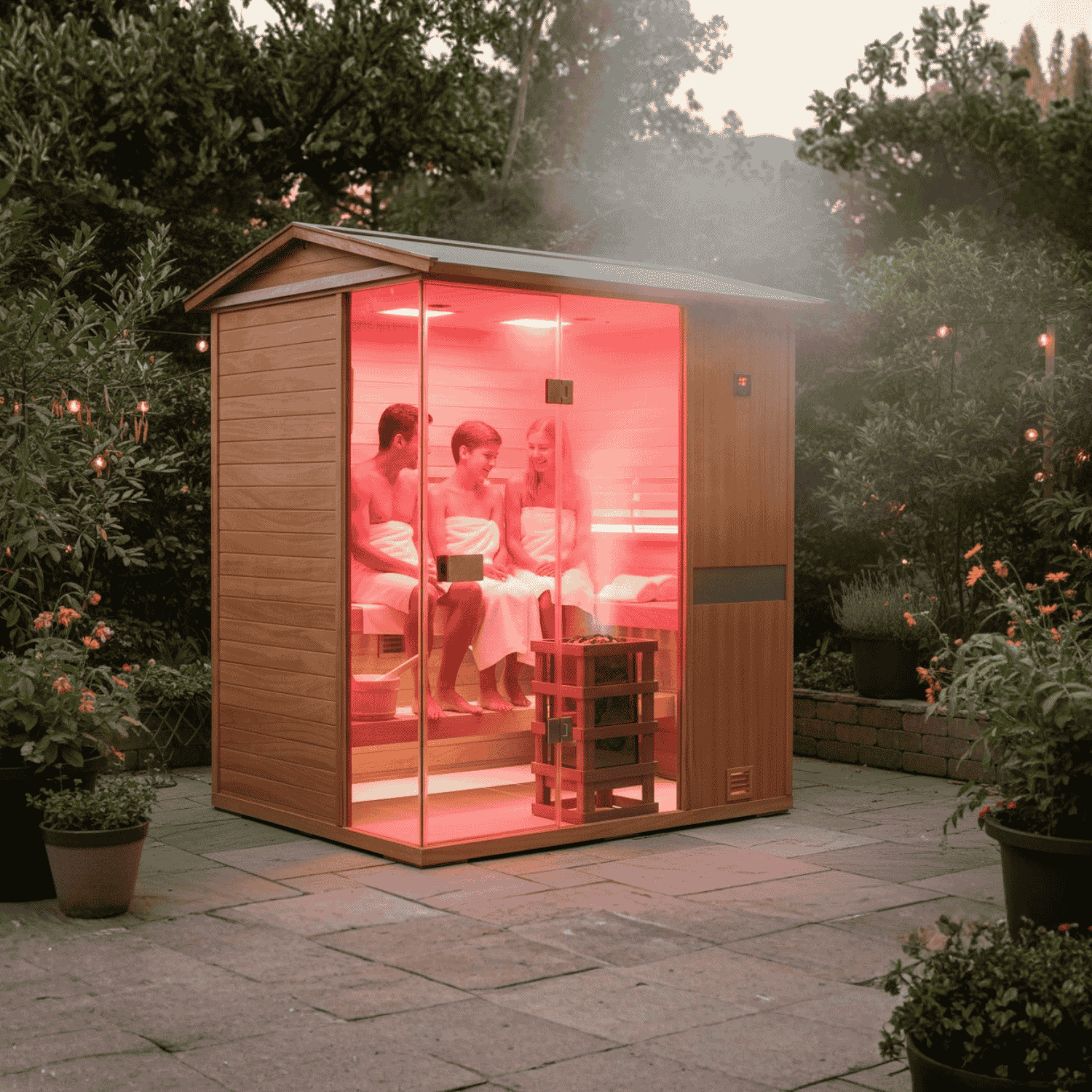 Samsora 704VT outdoor sauna showcase - premium outdoor steam sauna scene display