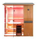 Samsora 704VT outdoor sauna frontal presentation - premium mahogany all-season unit featuring 660nm red light therapy for collagen production and outdoor rejuvenation
