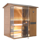 Samsora 704VT outdoor sauna right side view - African mahogany lateral panel displaying four-person unit depth and weather-resistant installation specifications