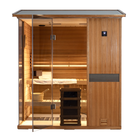 Samsora 704VT outdoor steam sauna front view - African mahogany 4-person model with weather-resistant construction and expansive glass door for backyard wellness