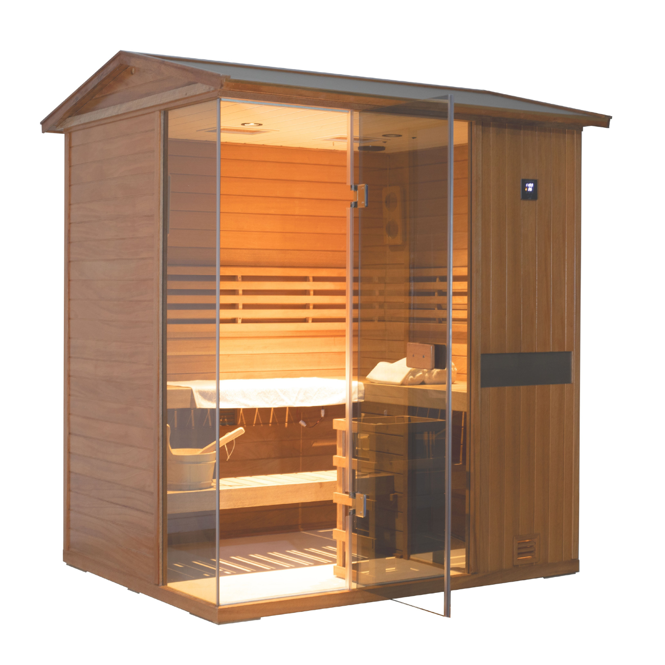 Samsora 704VT right side profile display - spacious outdoor mahogany model with rich wood grain texture and respiratory wellness enhancement features