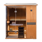 Samsora 704VT steam sauna front view - African mahogany 4-person model with expansive glass door and luxurious wood finish for ultimate family wellness