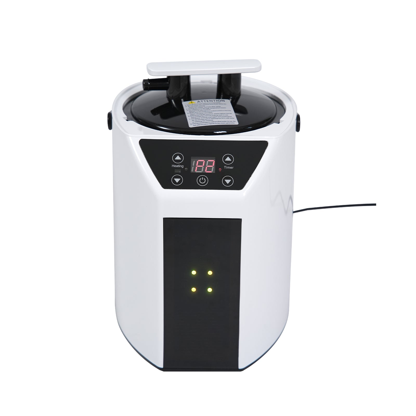 Samsora aromatherapy steam generator front view - 1250W compact unit with sleek design, digital controls and essential oil reservoir for therapeutic steam therapy