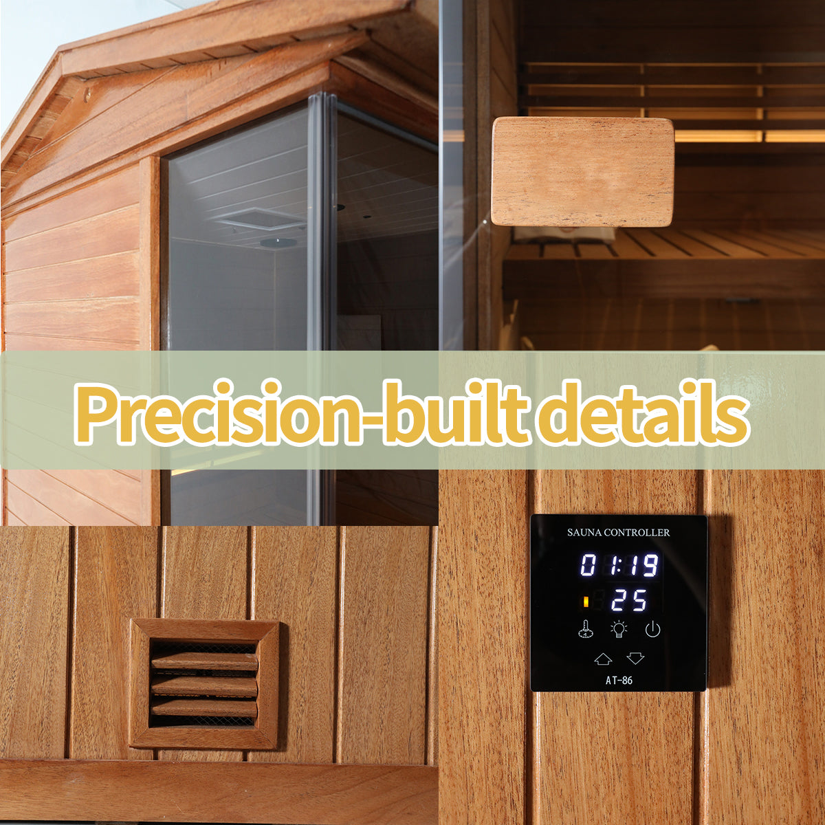 Samsora outdoor steam sauna details banner - premium exterior craftsmanship with weather-resistant wood and durable construction