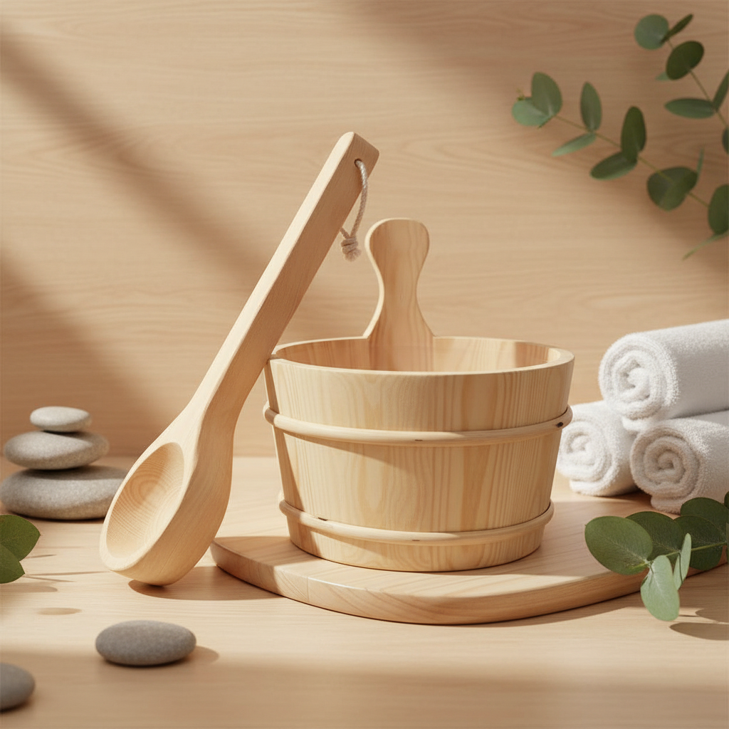 Samsora steam sauna accessories collection - essential components including volcanic sauna stones, stainless steel heater guard, wooden bucket and ladle for authentic traditional steam experience