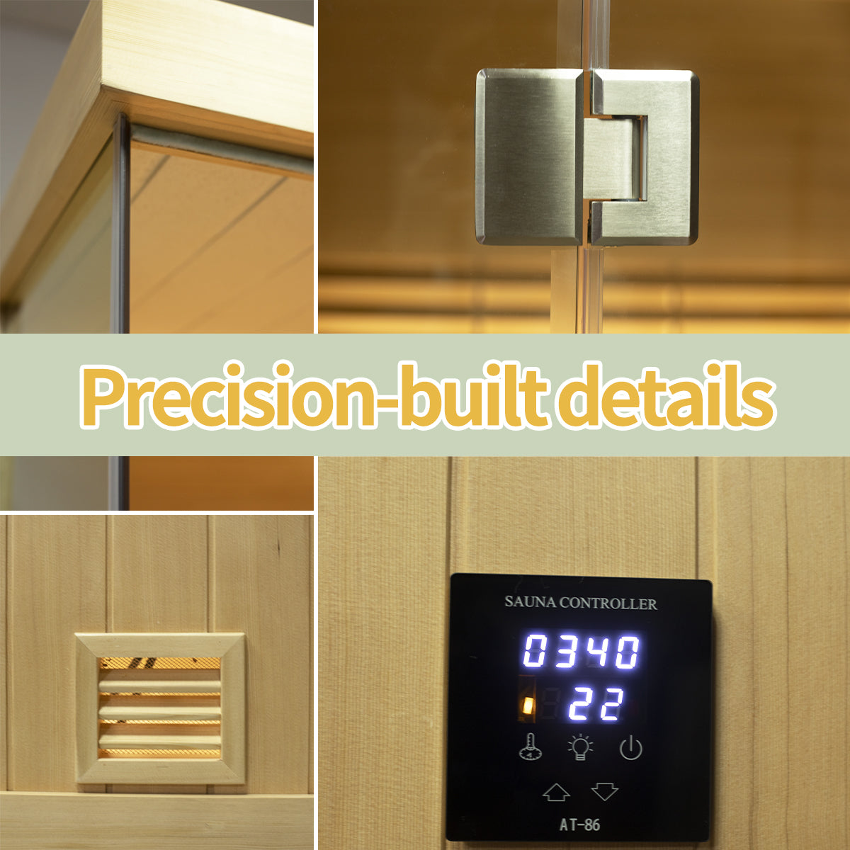 Samsora steam sauna details showcase banner - premium craftsmanship highlighting quality wood construction and precision engineering