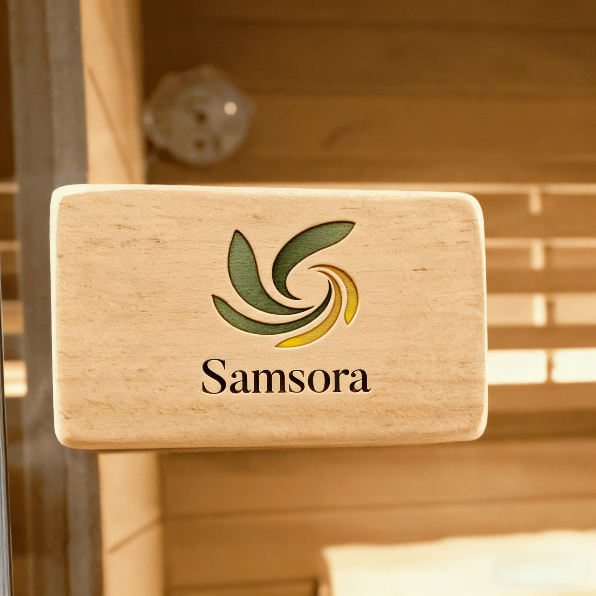 Samsora steam sauna door handle display - premium wooden handle with ergonomic design and heat-resistant construction featuring natural wood grain finish for safe and comfortable sauna door operation