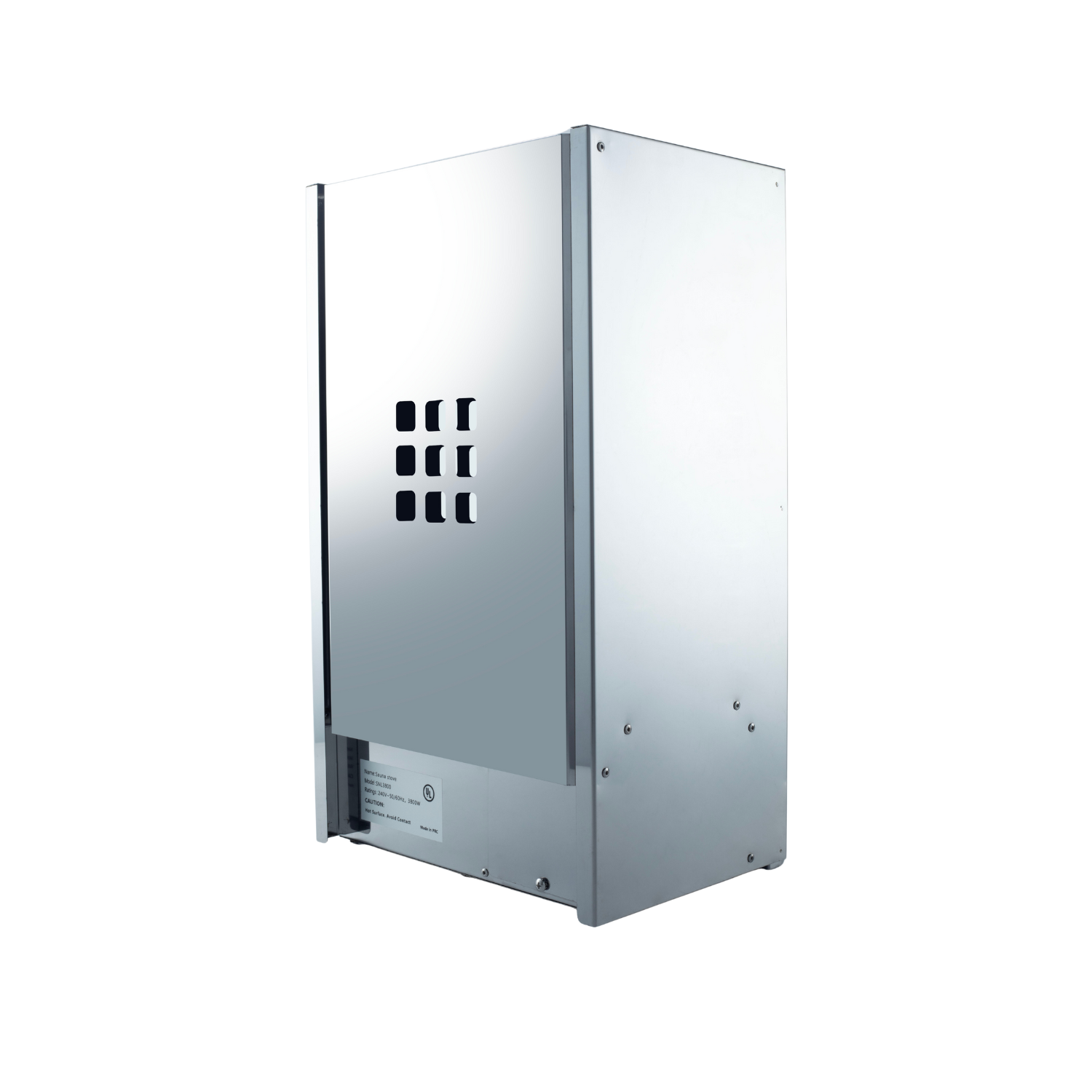  Samsora steam sauna heater front view - 2.5kW-3.8kW stainless steel unit with volcanic stone basket and protective guard for optimal steam generation