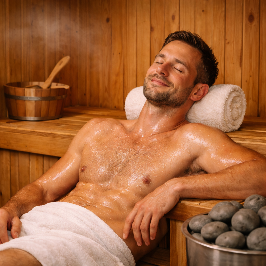 Samsora steam sauna wellness experience scene - serene relaxation session featuring therapeutic steam, 660nm red light therapy and tranquil ambiance for stress relief and muscle recovery